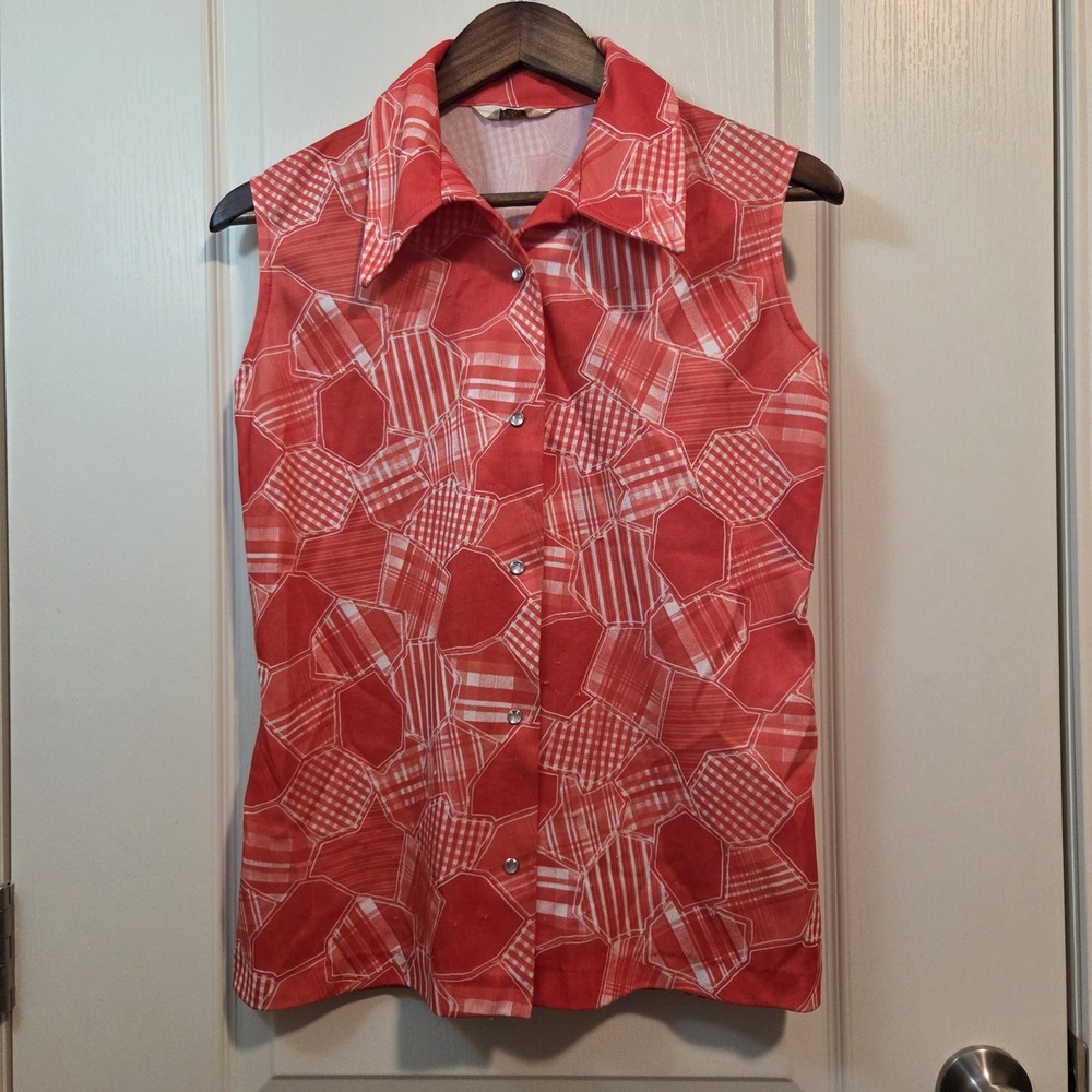 VTG Prior Western Wear Woman's Sleeveless Pearl Snap Polyester Red Plaid **READ*